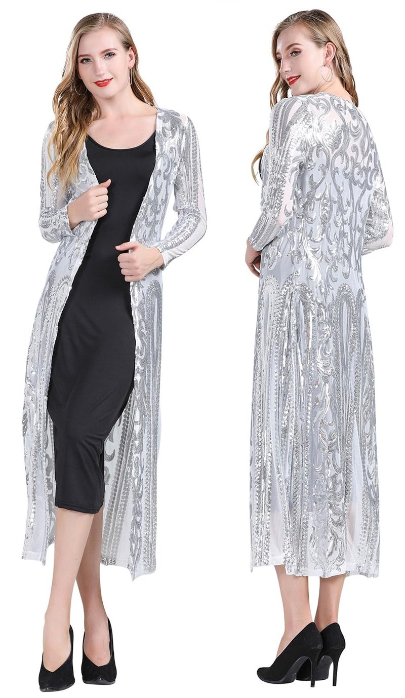 ZX Z&X Women's Sparkling Sequin 1920s Cover Up Loose Open Front Long Sleeve Cardigan Coat Dress for Evening Party X-Large Silver - Image 1